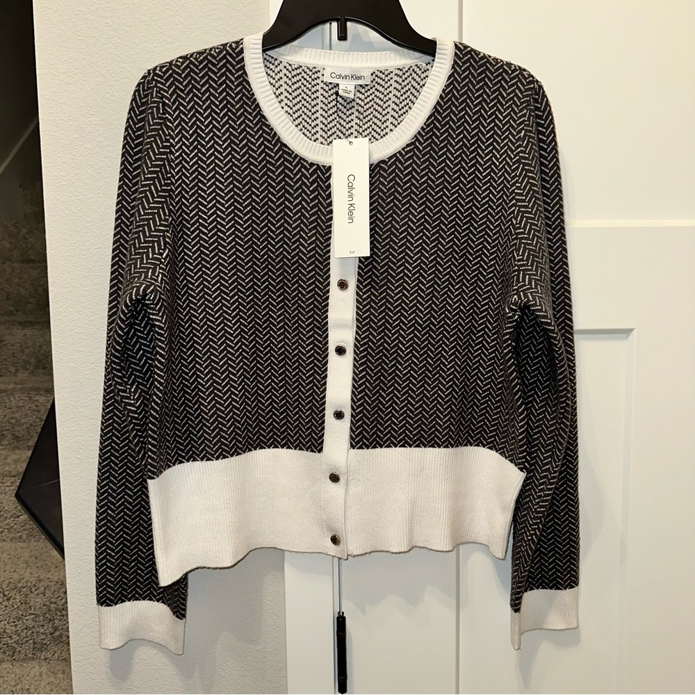 NWT Calvin Klein Black & White Knit Button-Front Cardigan size L